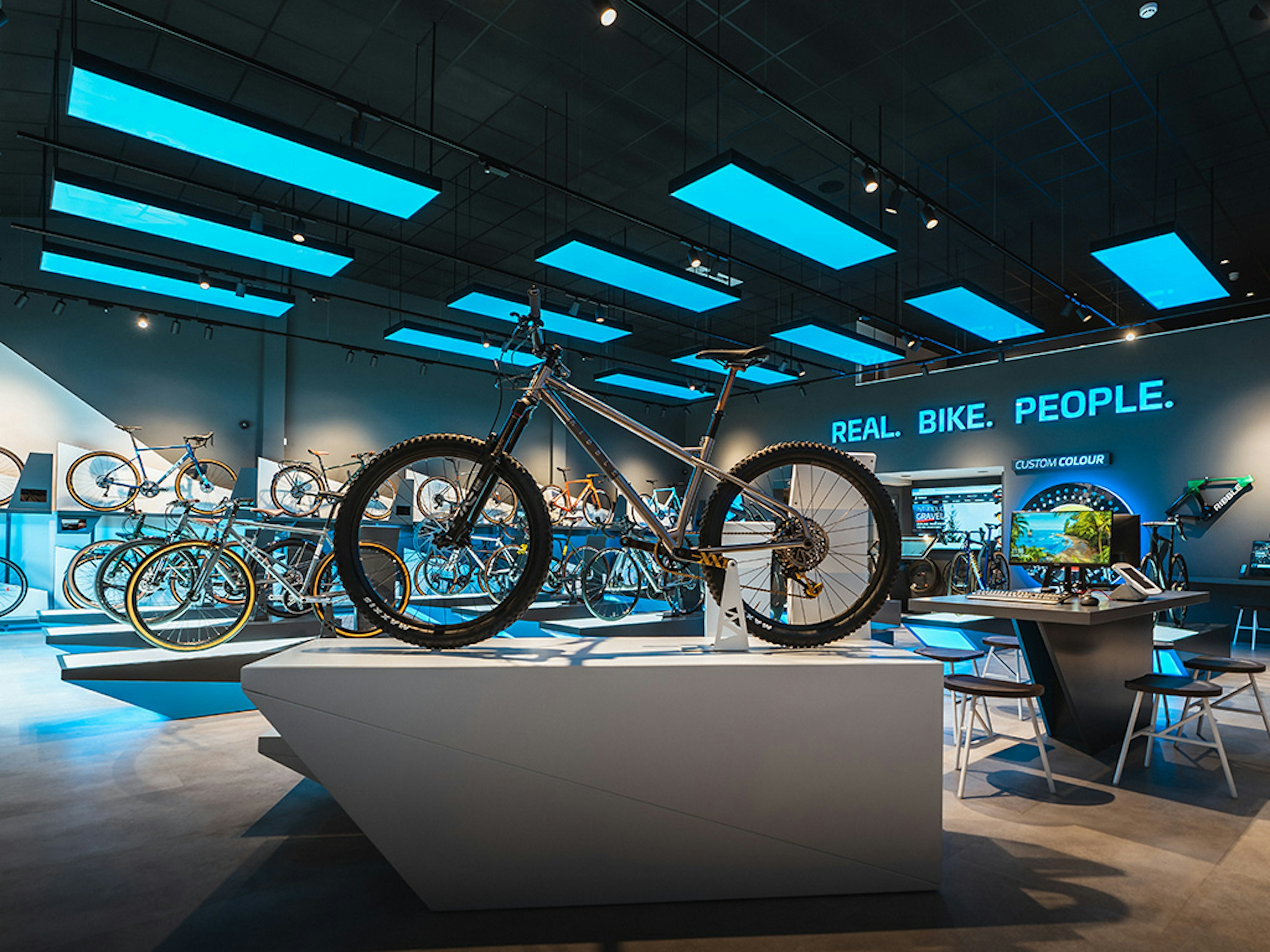 Gass ceiling feature in bike shop